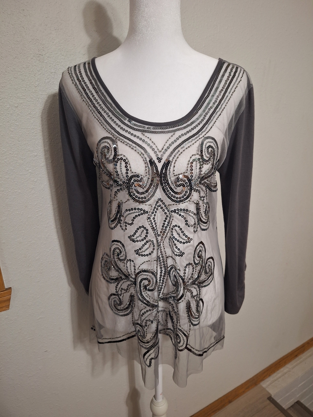 Embellished Sheer Overlay Long Sleeve Top - Gray and Ivory